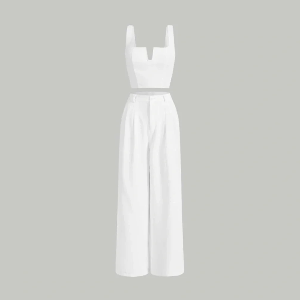 White wide leg women’s pant set, crop top & hi waisted pants 2 piece set, sz 6